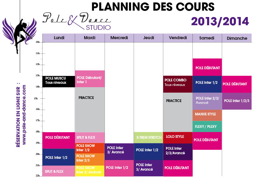 Planning des cours et des stages de pole dance a Paris